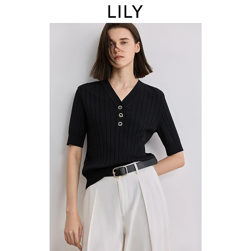 LILY2025新款POLO领宽松百搭短袖针织衫女125209TK928