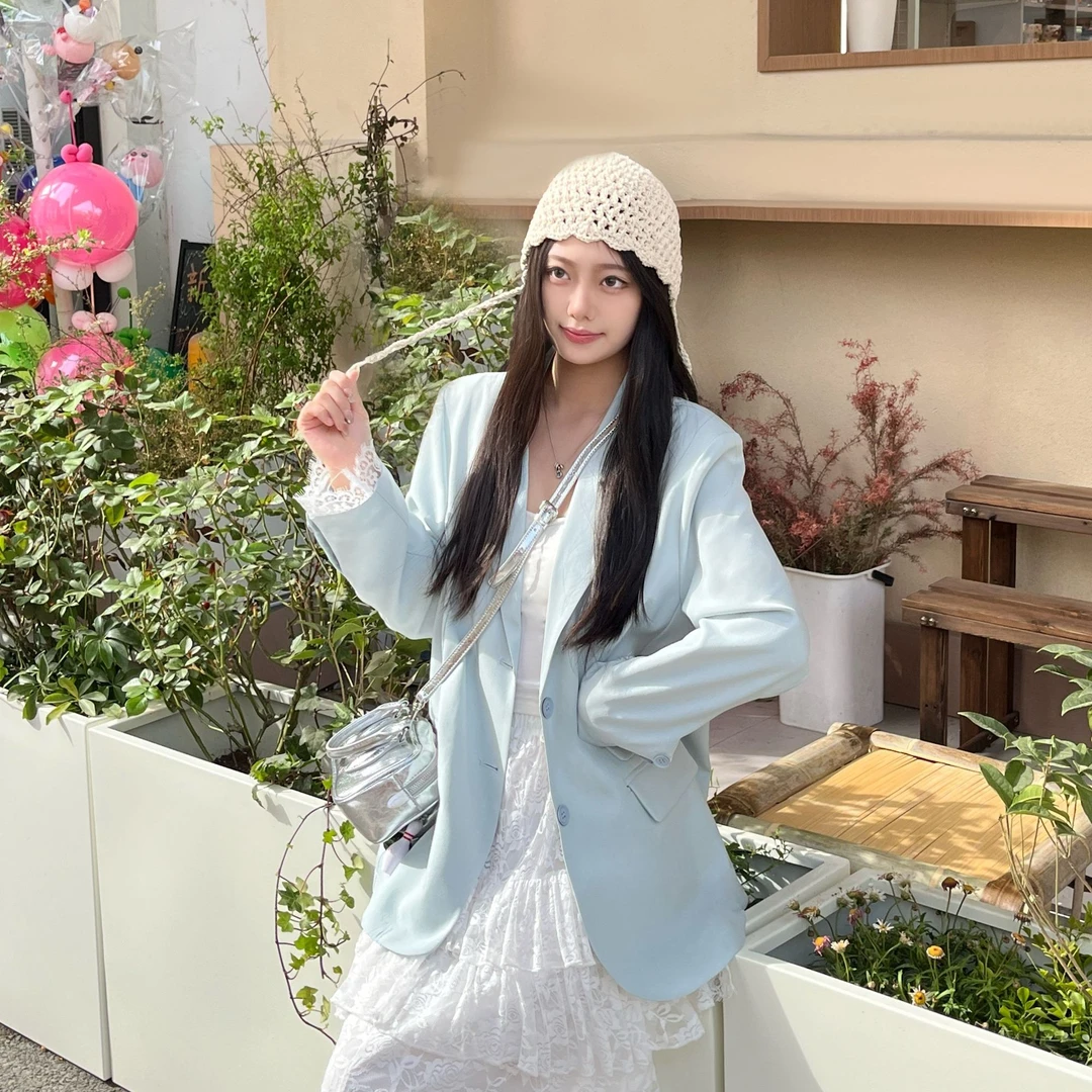 新款设计感蕾丝花边拼接西装高级感减龄洋气小众百搭西服上衣8380