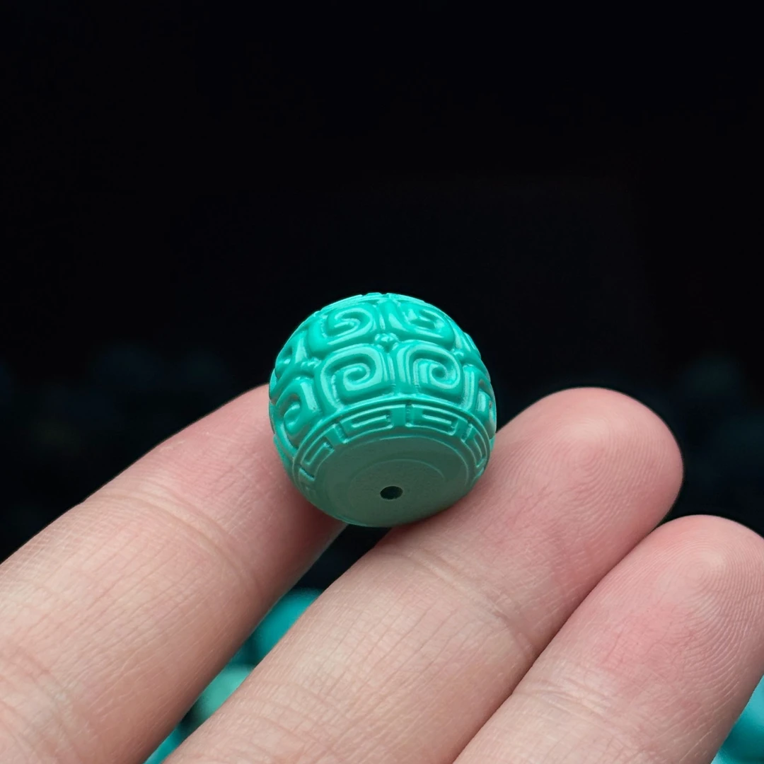 湖北原矿纯手工特色高瓷原石精工绿色回纹墩子16x14mm配珠【094】