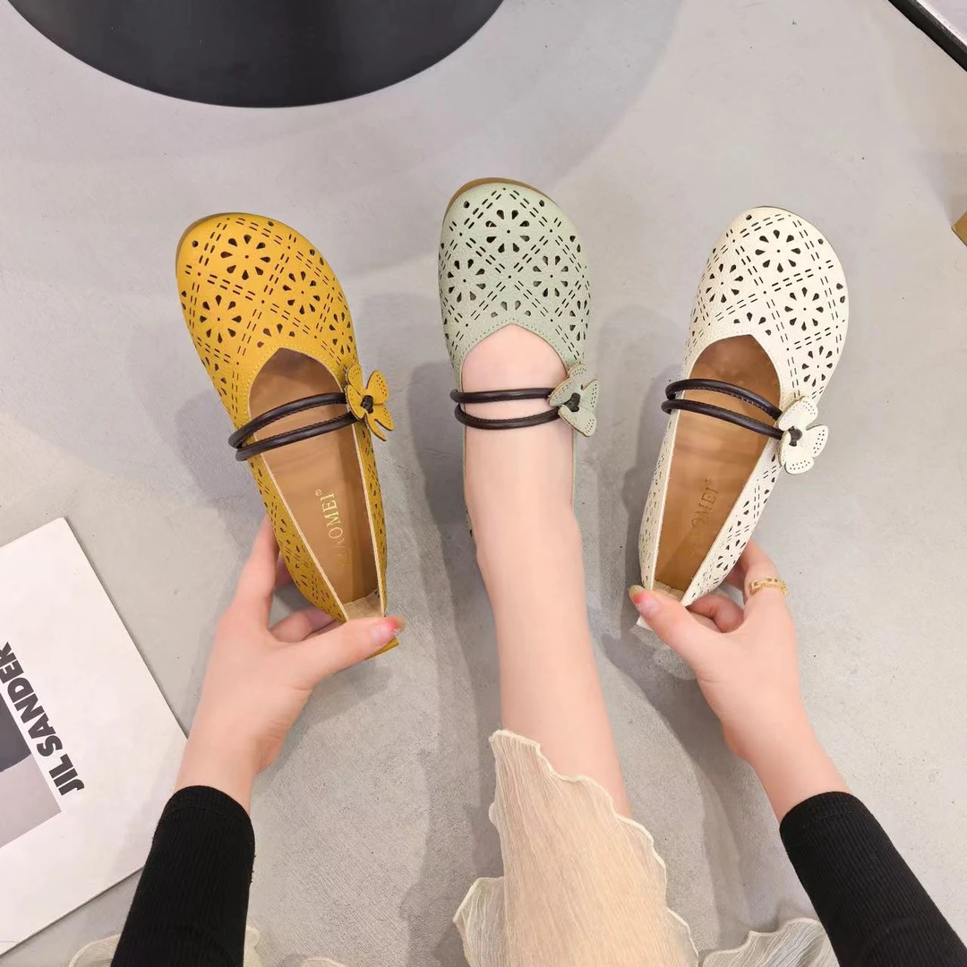 夏季新款透气镂空女式豆豆鞋软底舒适平底软面单鞋