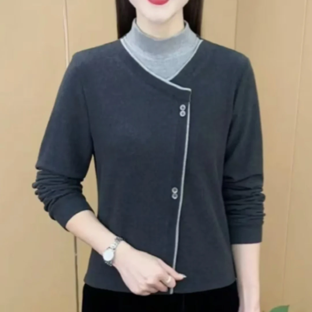 秋季拼接春秋几何时尚长袖半高领气质拼色打底衫