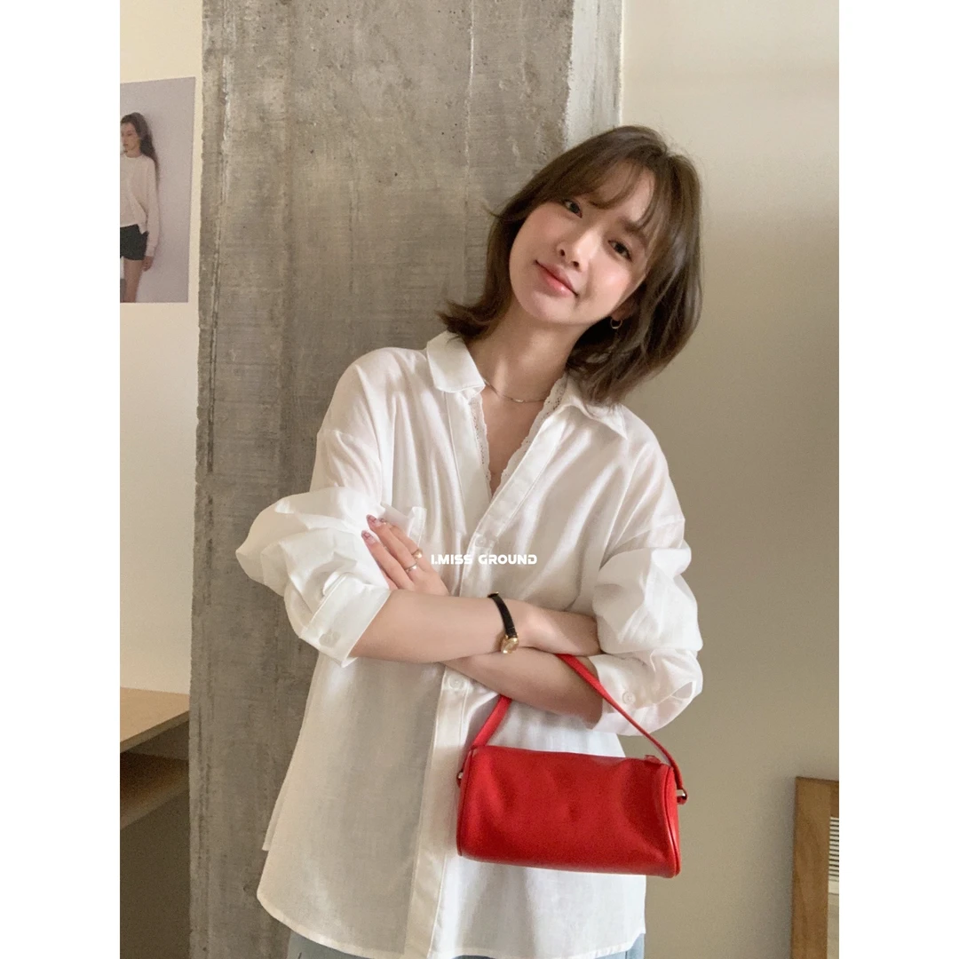 70550#慵懒氛围感蕾丝拼接V领长袖衬衫