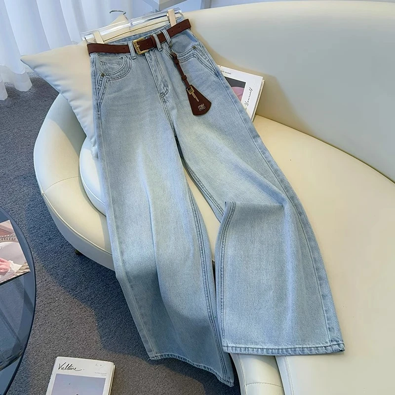 春秋新款美式复古浅蓝色高腰阔腿牛仔裤女士2025年新款宽松直筒裤