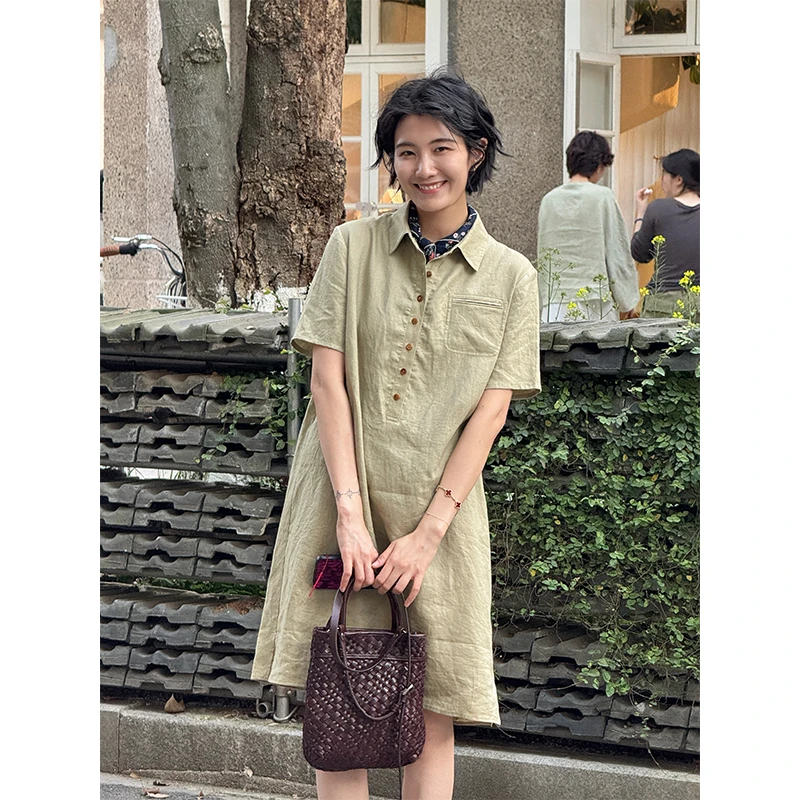 LANGQING 时尚高档亚麻POLO领连衣裙44336#