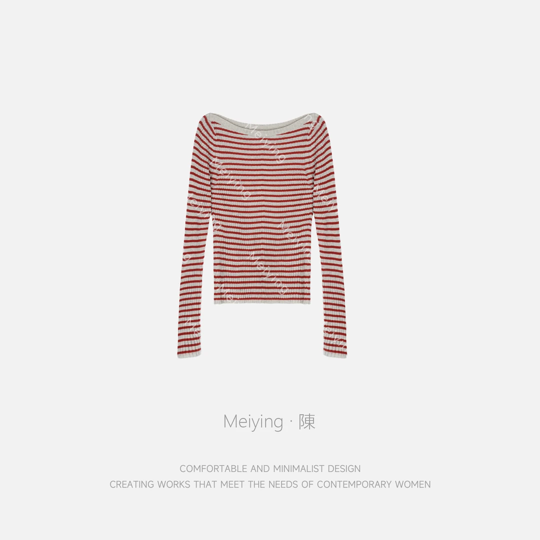 Meiying-红条纹落肩减龄感羊毛混纺针织衫YZ5QZ042