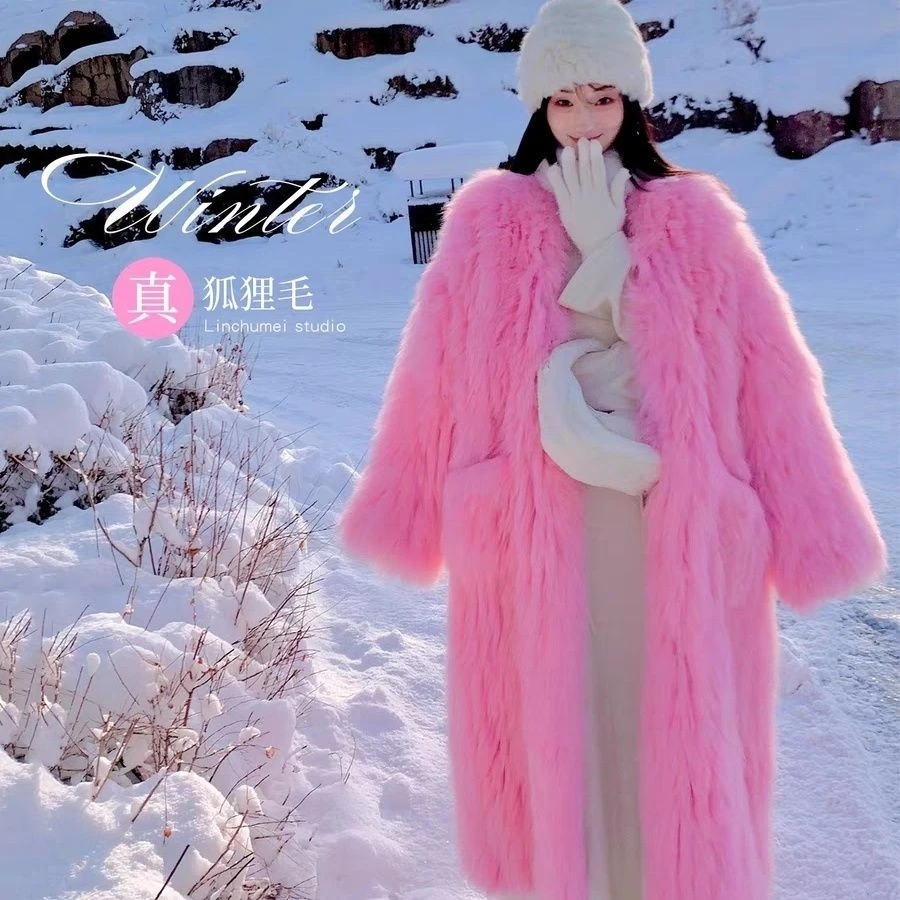 加密2024冬新款双面编织狐狸毛长款皮草外套女大牌年轻网红毛大衣