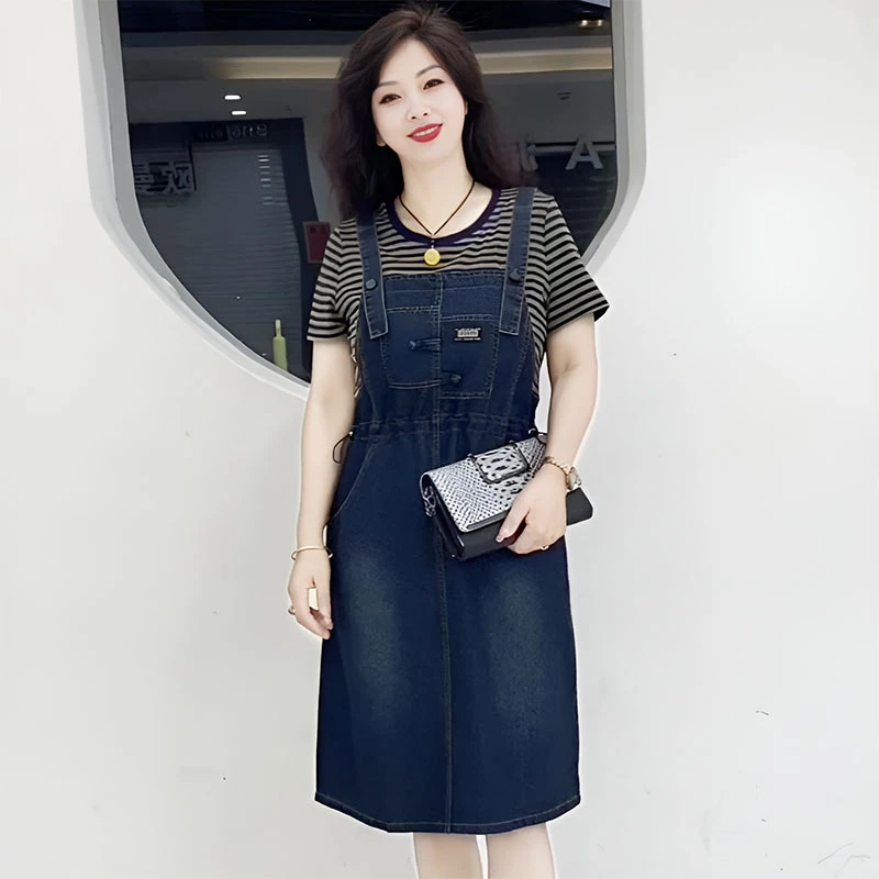 高含棉减龄小个子套装女2025年夏季新款条纹短袖牛仔背带裙两件套