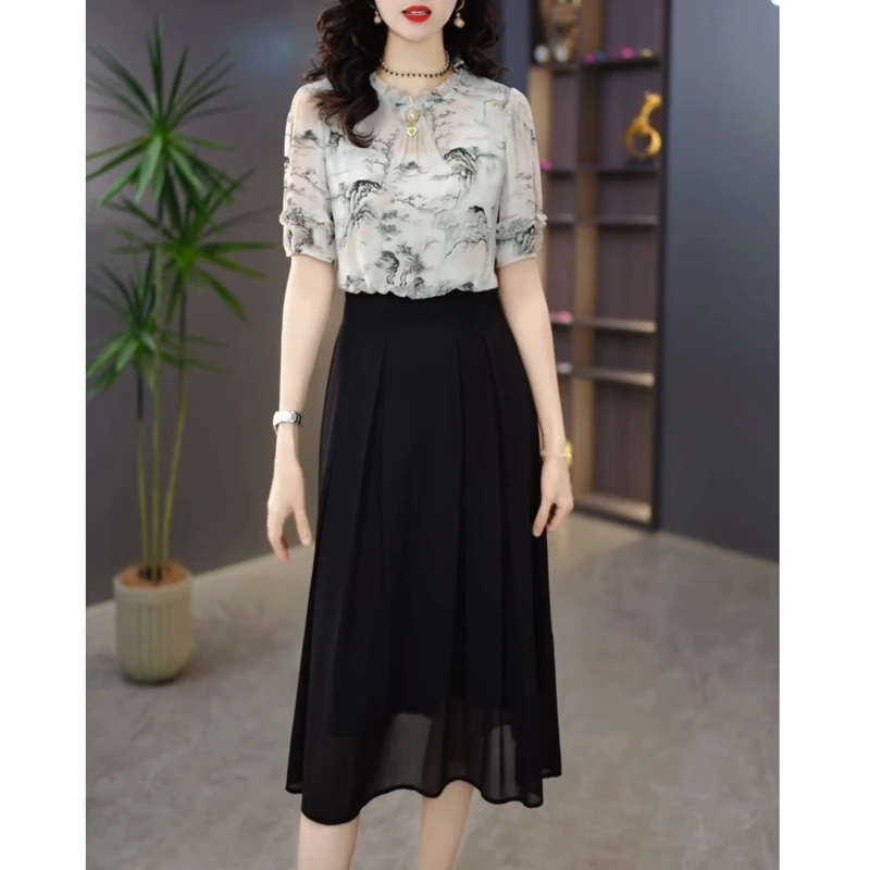 水墨画国风假两件高端精致连衣裙2025夏季新款修身显瘦中长款裙子