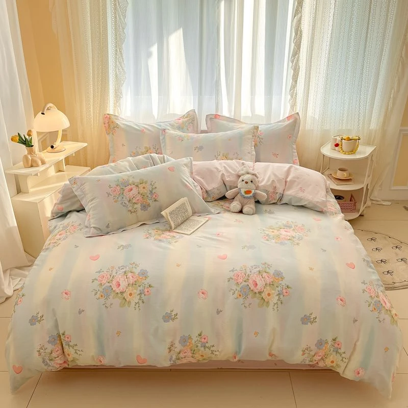 【海蓝花园】全棉纯棉斜纹棉四件套 小清新印花被套四件套