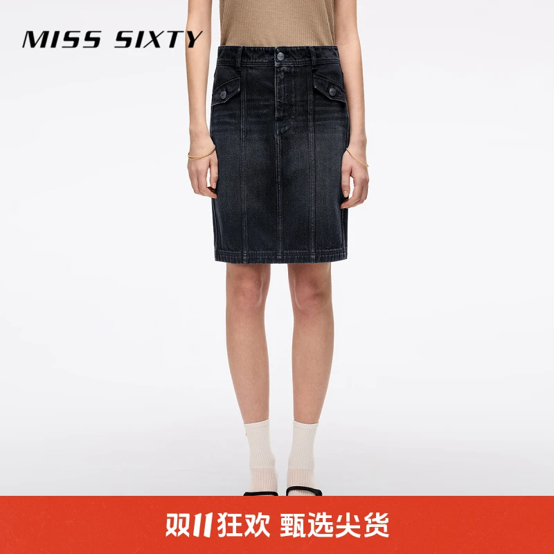 【进口牛仔面料】Miss Sixty2025夏季新款牛仔半裙女复古开衩直筒