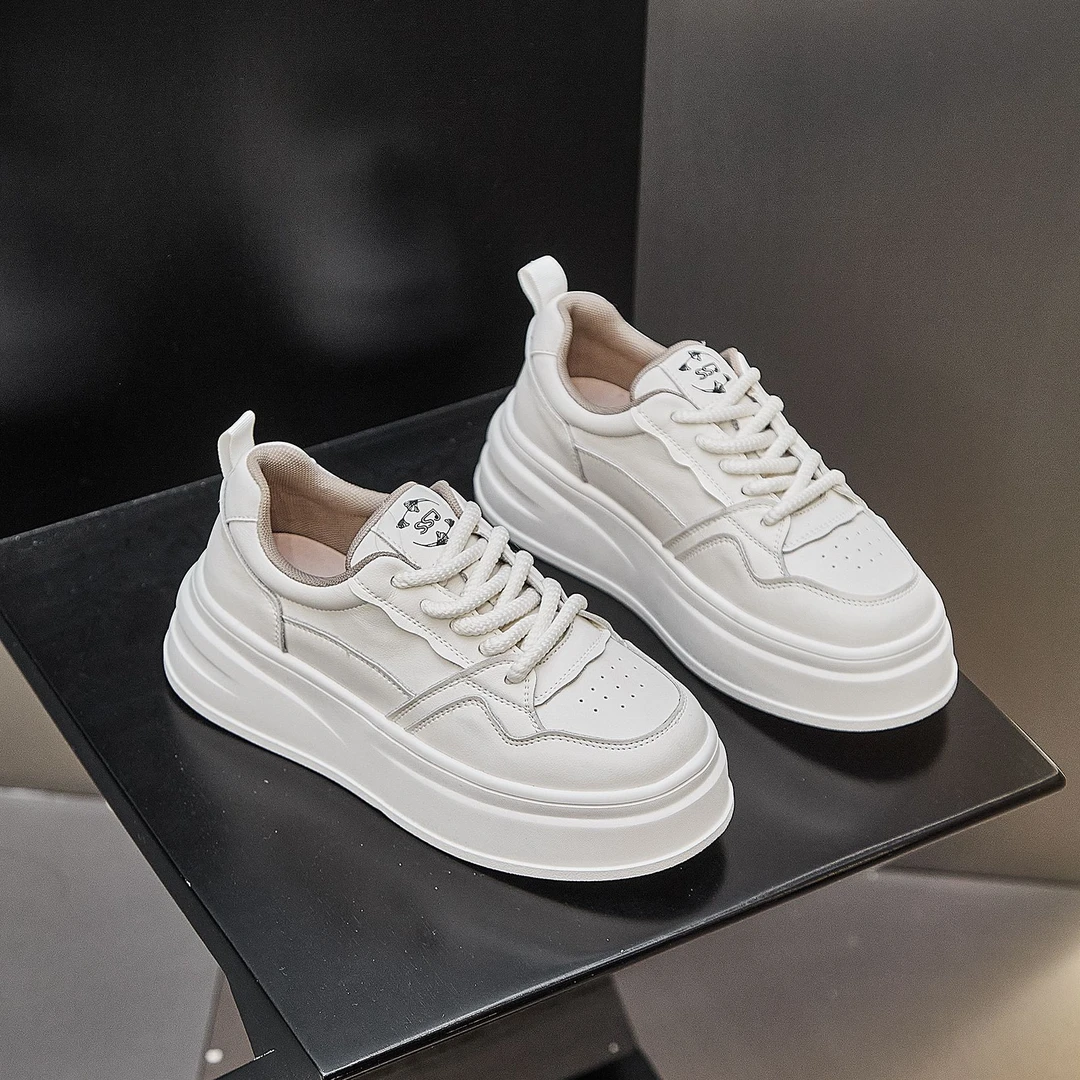 【云朵梦境】5厘米厚底小白鞋新款小个子圆头真皮系带面包鞋