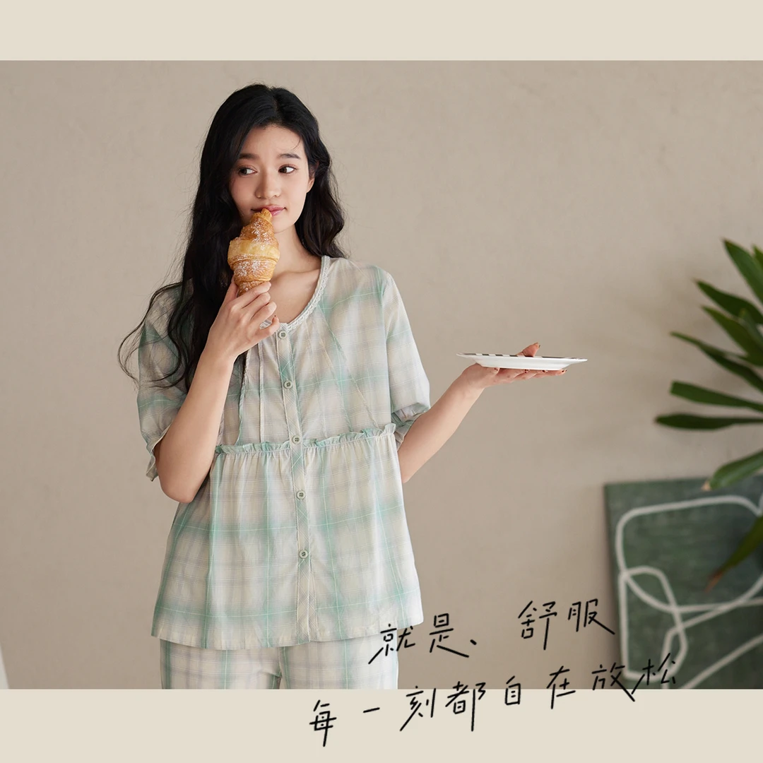 梭织色织格五分袖九分裤女套