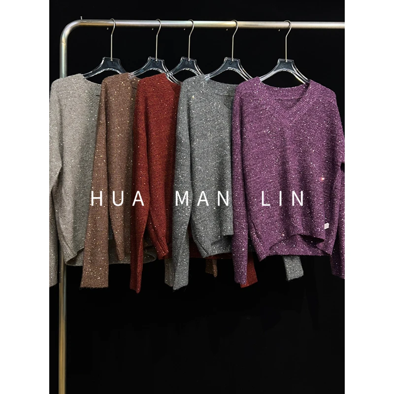 【花满林】五色V领亮片羊毛上衣88113