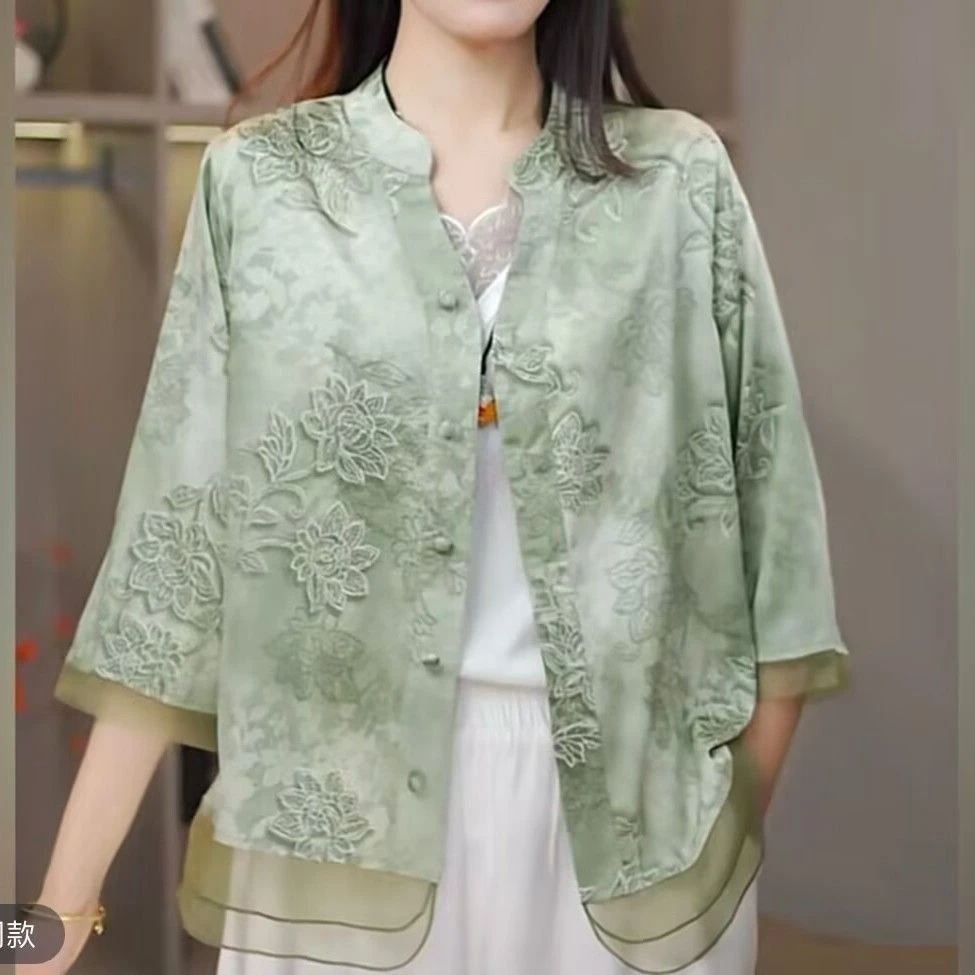 新中式妈妈夏装七分袖衬衫上衣高档开衫显瘦薄款