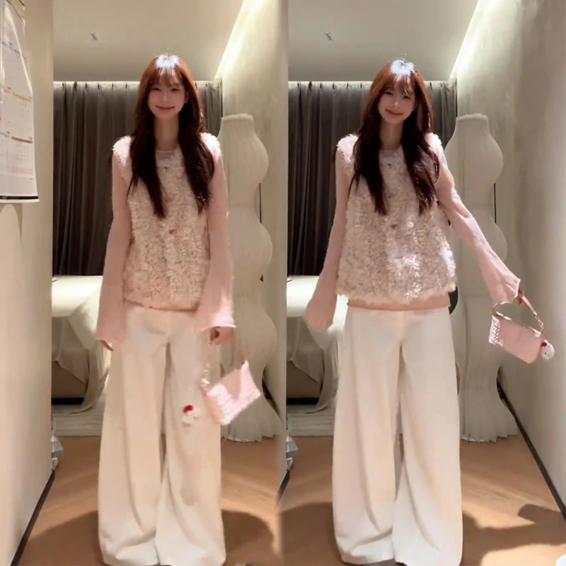 2025秋季新款设计感温柔甜美慵懒风无袖马甲女打底衫休闲裤三件套
