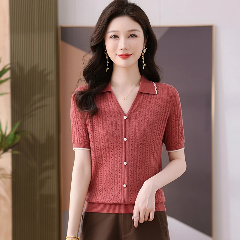 短袖时尚百搭薄款镂空翻领显瘦女毛针织衫中年套头气质夏季洋气