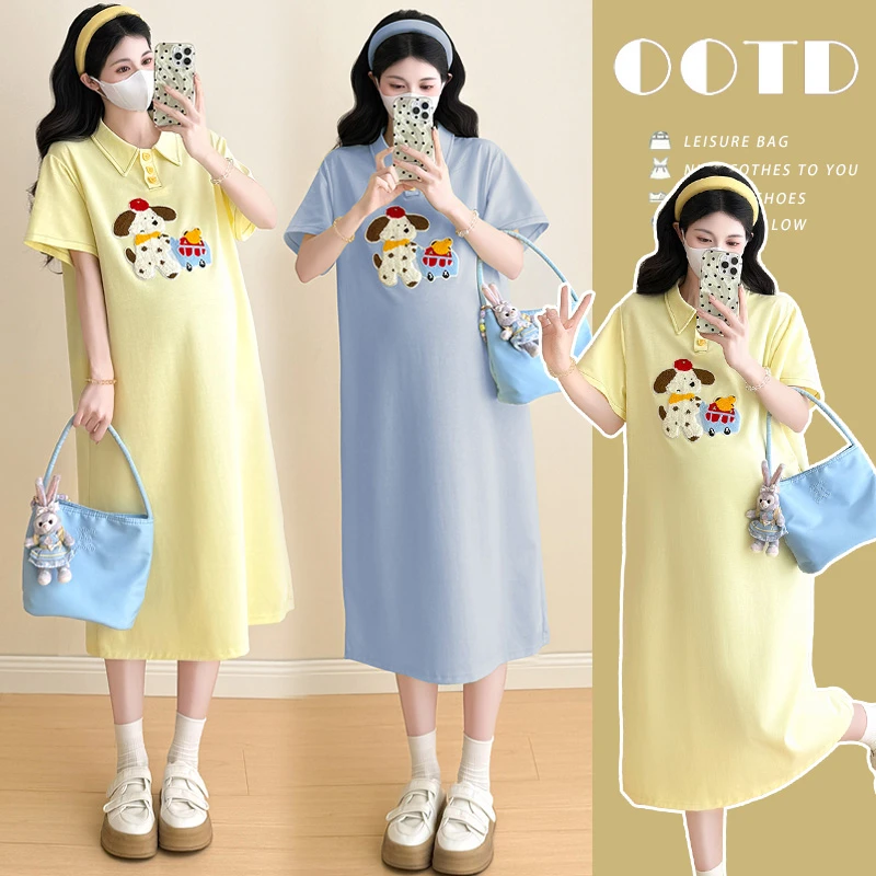 大码孕妇夏季薄款宽松显瘦中长款Polo领T恤裙时尚刺绣卡通连衣裙