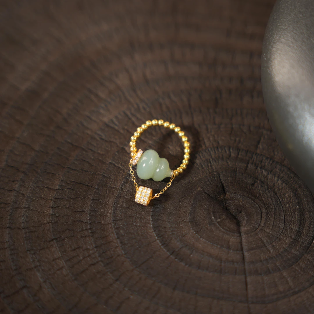 雅梦-天然和田玉葫芦18K金戒指1