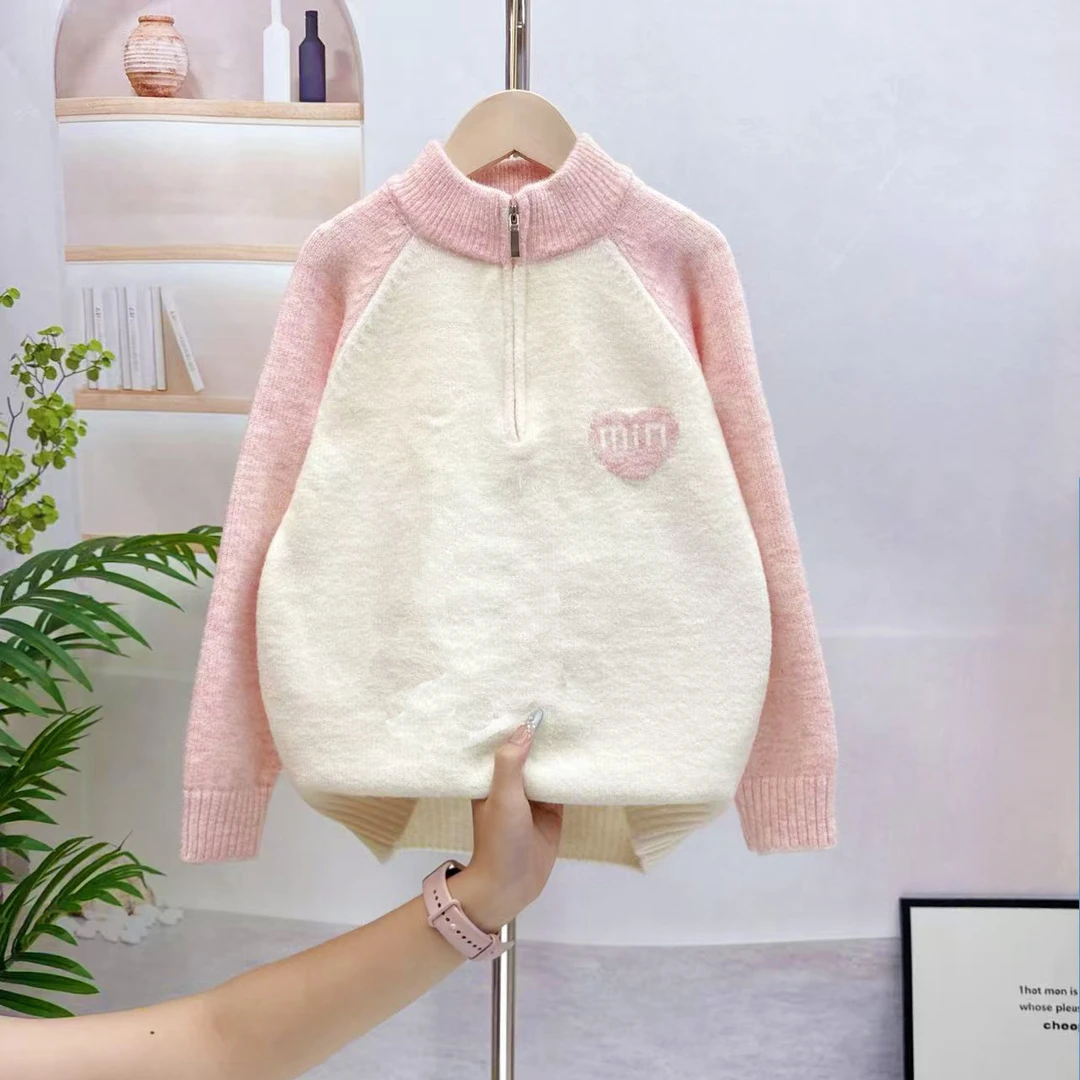 女童拉链衫圆领毛衣针织衫2025新品厚款秋冬洋气新款儿童套头线衣