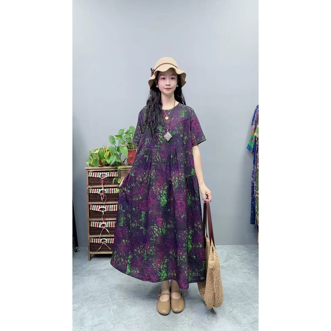 5007夏季新款清凉气质时尚复古遮肚宽松女显瘦百搭圆领休闲连衣裙