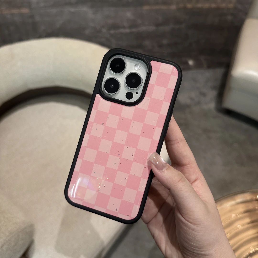 ins风韩系粉色格纹适用17pro苹果16Promax女生15全包14爆款13Pro