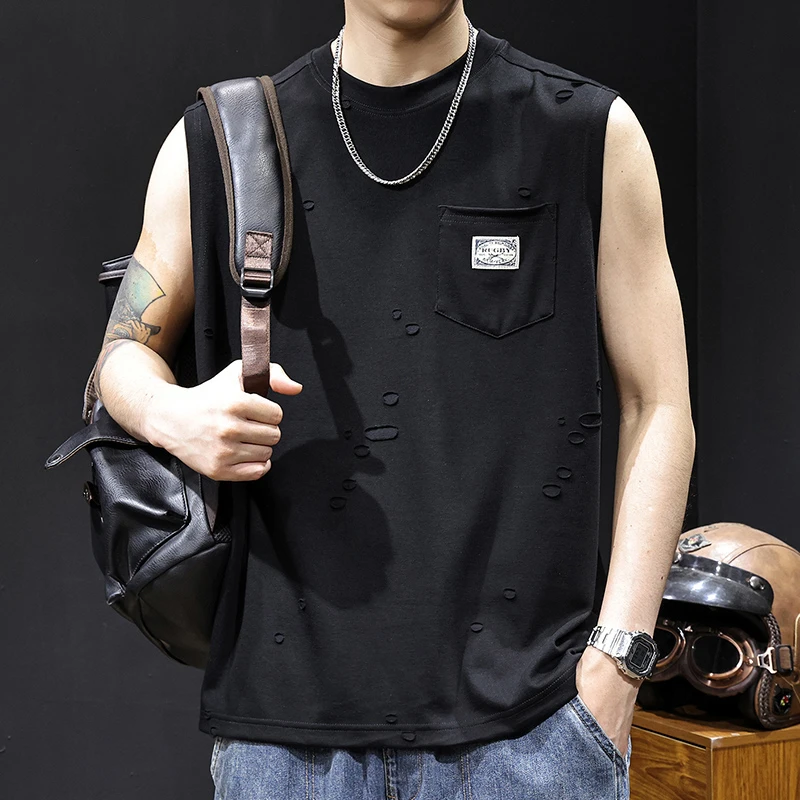 法国Cebrodz肌理感破洞背心男t恤男夏季无袖运动健身大码2025新款