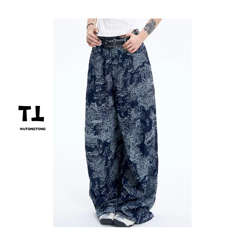 现货【波斯盐蓝】夏季超薄印花牛仔裤女韩版休闲直筒裤62383