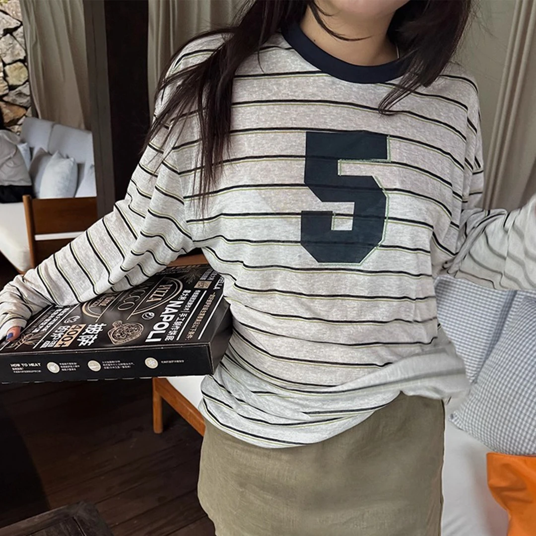 条纹防晒球衣长袖T恤女2025夏季新款圆领宽松时尚薄款透气上衣