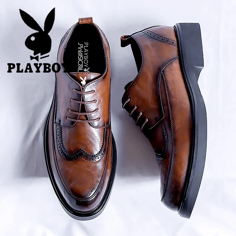花花公子小皮鞋男士正装商务布洛克尖头内增高结婚新郎高级感男鞋