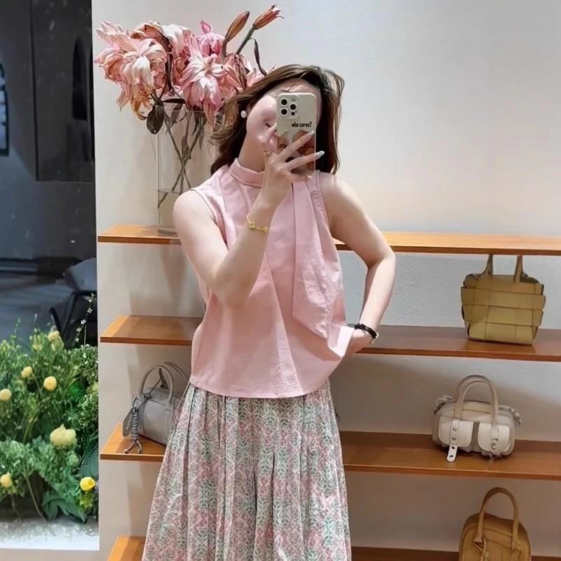 韩系立领无袖背心衬衫女夏季宽松设计感小众飘带洋气小衫别致上衣