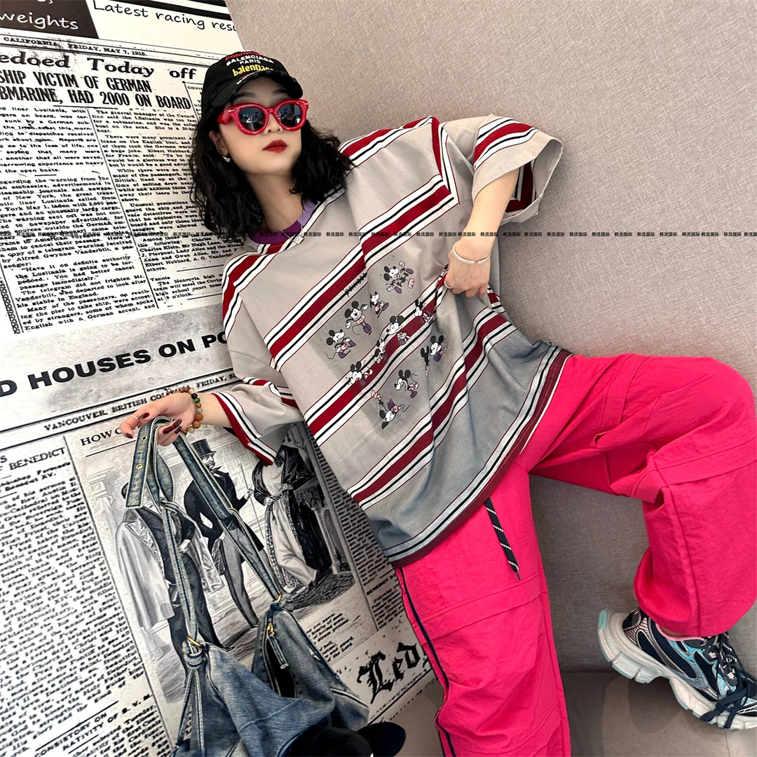 2025春季新款宽松大码百搭卡通条纹t恤女中长款BF风显瘦纯棉打底