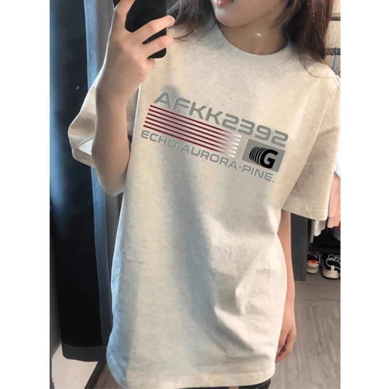 白花灰短袖T恤女夏季2025新款休闲宽松情侣美式复古印花圆领上衣