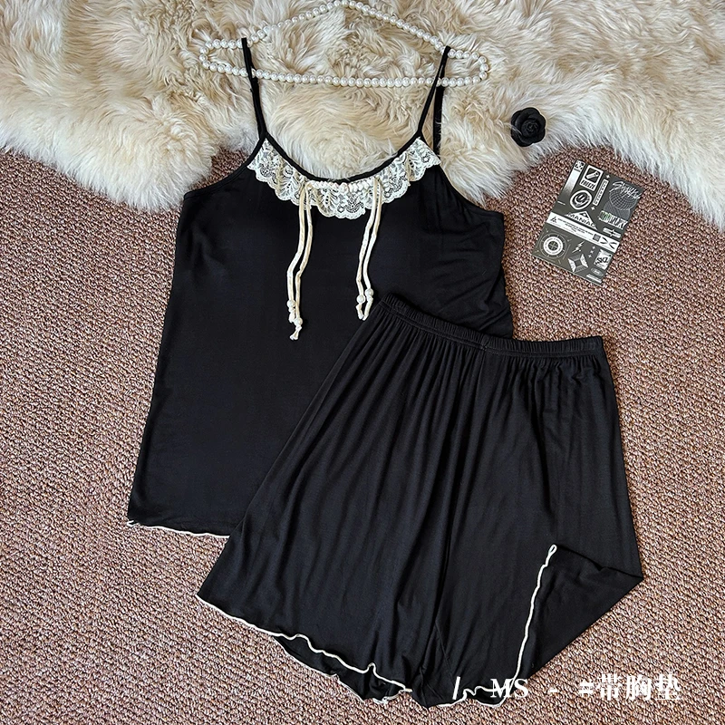 吊带睡衣女款夏季ins风自带胸垫杯垫一体莫代尔黑色家居服两件套