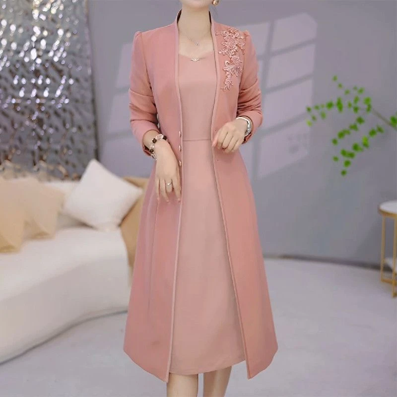 梭织精纺两件套2025秋季新款时尚轻奢显瘦风衣外套洋气连衣裙套装