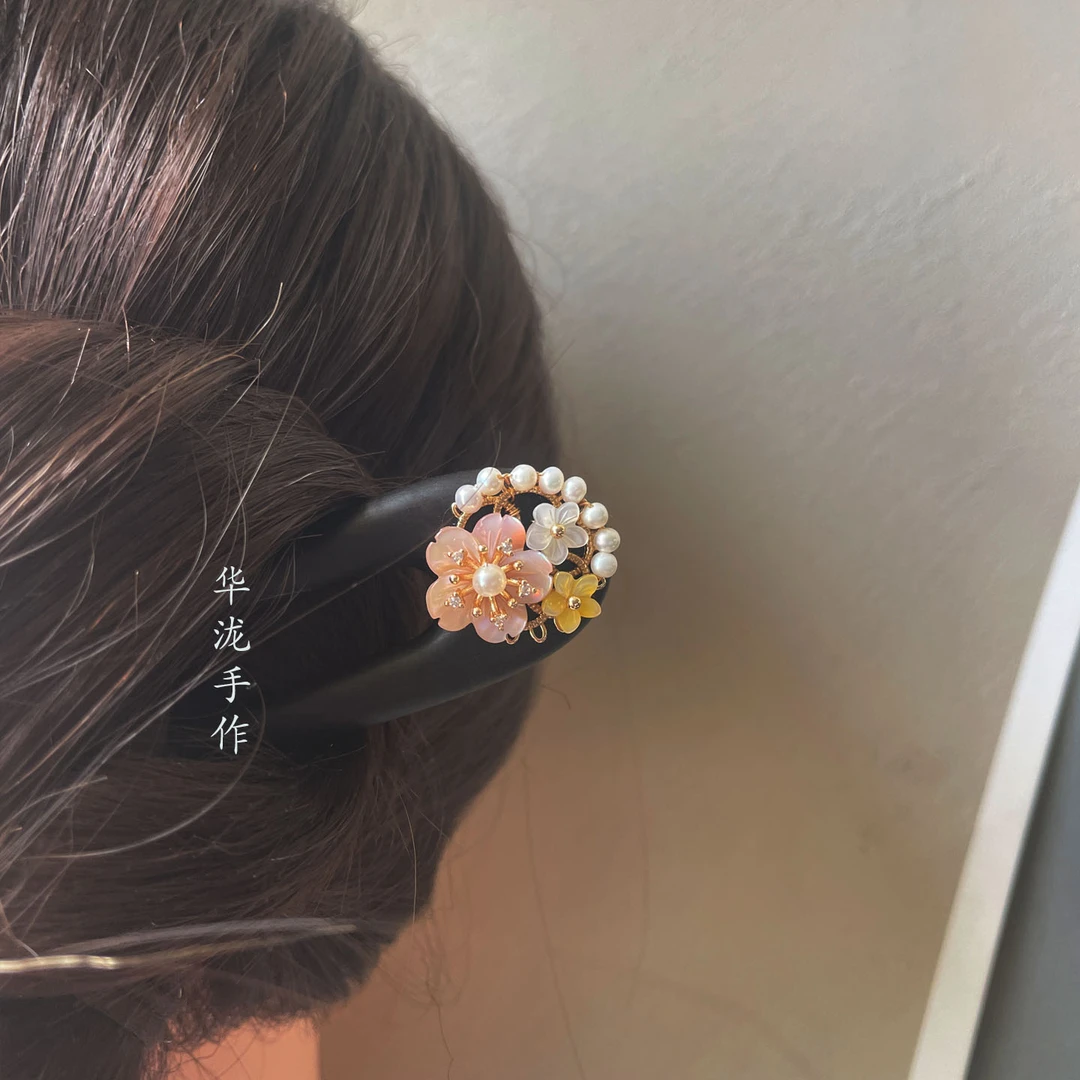 精美双簪U型双钗新中式纯手工编制淡水珍珠复古宫廷风玛瑙盘发女