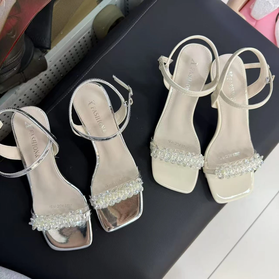 细跟钻带高跟鞋2025夏季新款一字扣带防水台女高跟拖鞋 5105-2