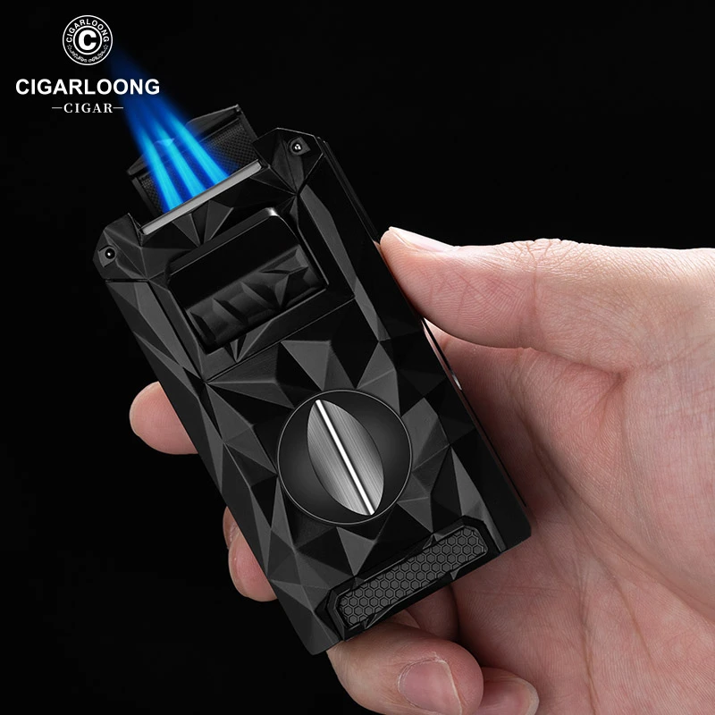 茄龙钻石防风直冲雪茄打火机多功能V剪打孔器5合1打火机CB-25AR3