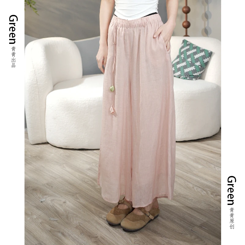 6237文艺慵懒A字阔腿裤裤子裙裤女夏宽松苎麻九分裤