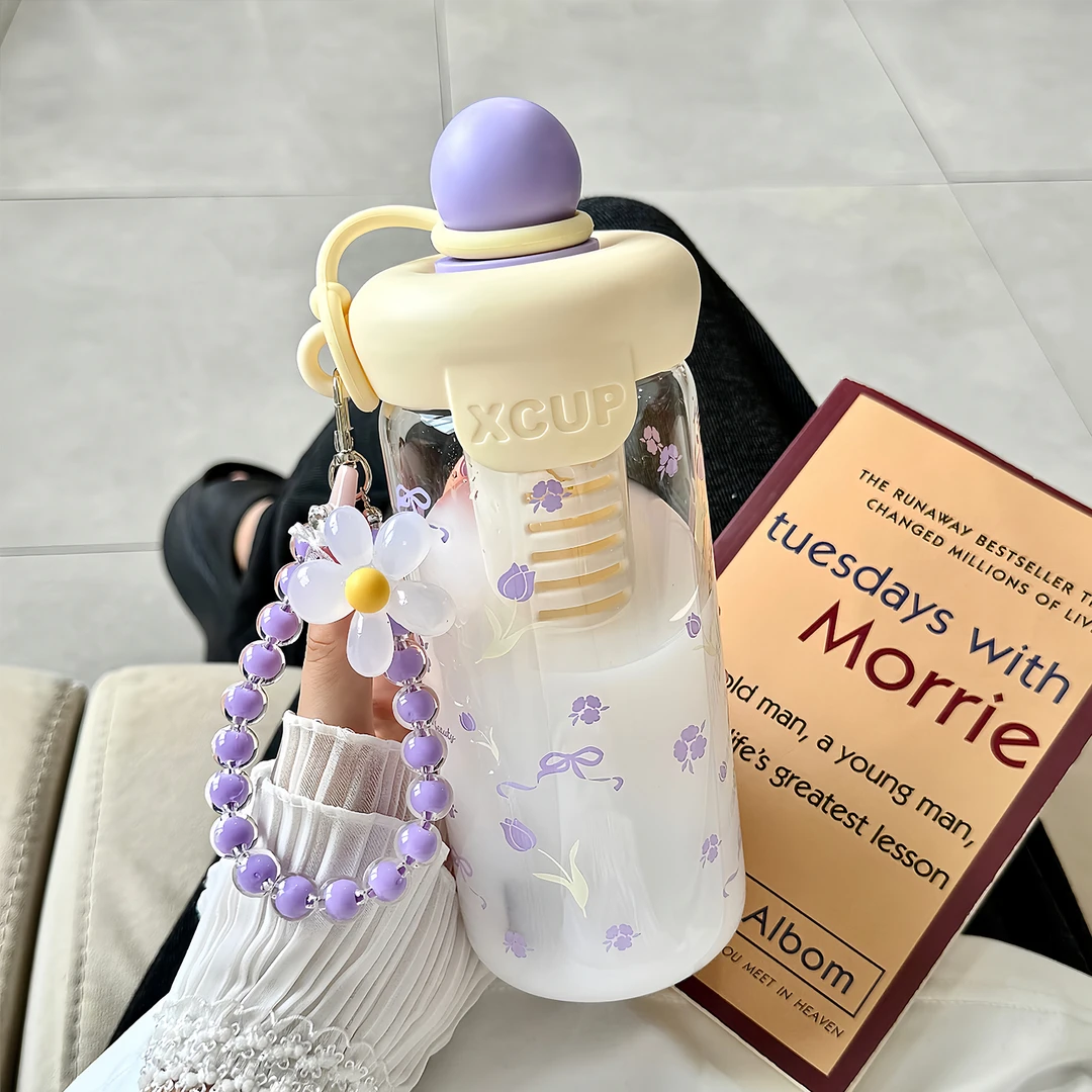 2025新款玻璃水杯女生高颜值带提绳吸管杯学生大容量隔热直饮口杯