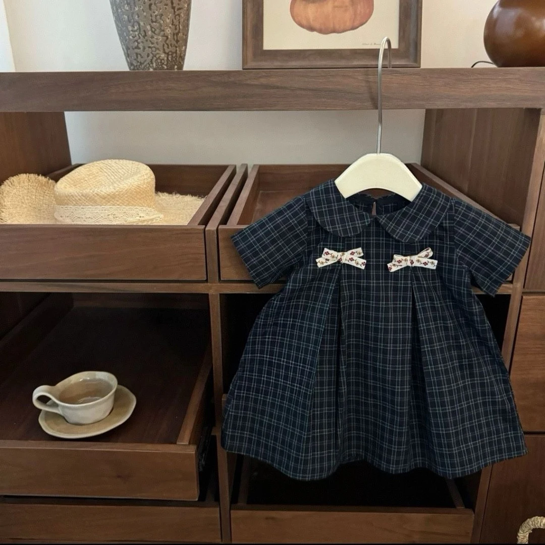 女童格子裙子25年夏季新款韩版娃娃领女宝宝时尚休闲蝴蝶结公主裙