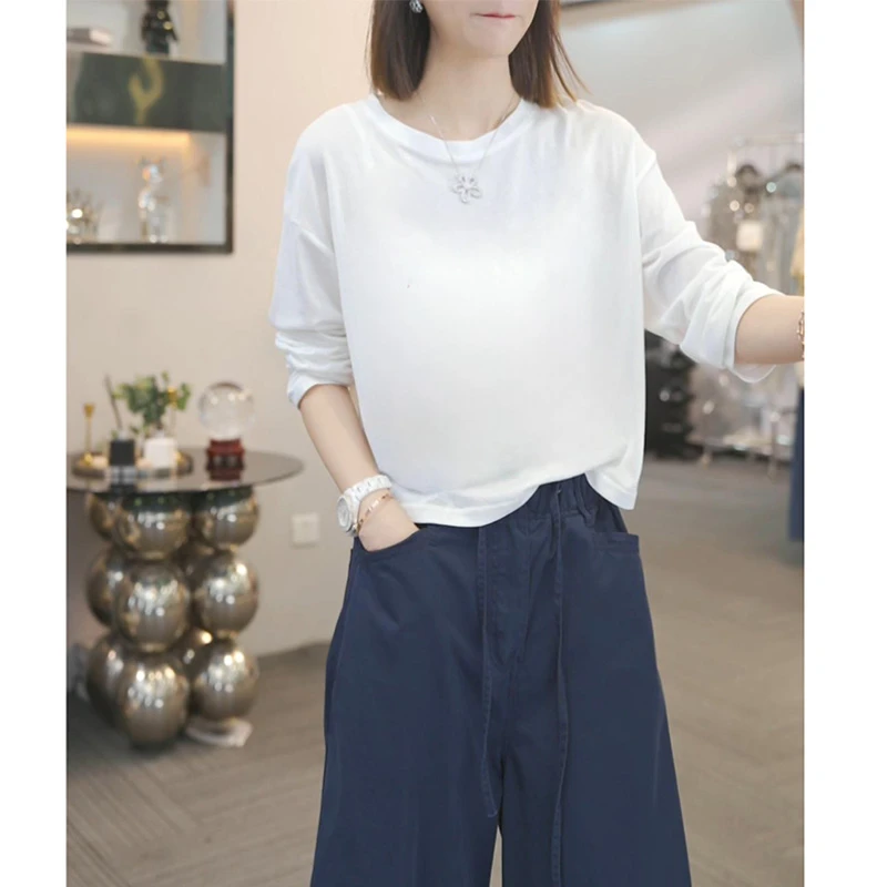 欧货新款春秋雪花棉白色打底衫女内搭宽松减龄显瘦长袖T恤上衣潮