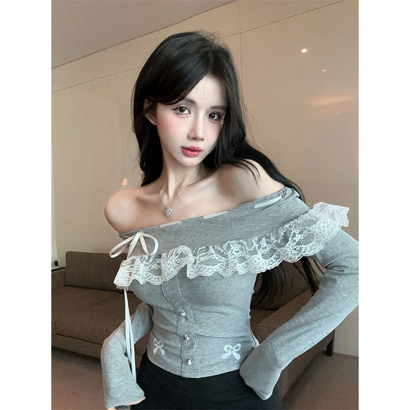 2025秋季新品纯欲性感一字肩蕾丝T恤露肩打底衫高腰百搭裙裤套装