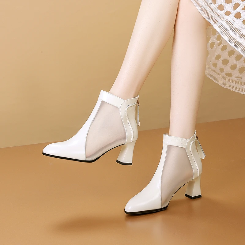 6.5cm圆头高跟凉靴女夏季薄款靴子百搭真皮粗跟网纱镂空女士网靴