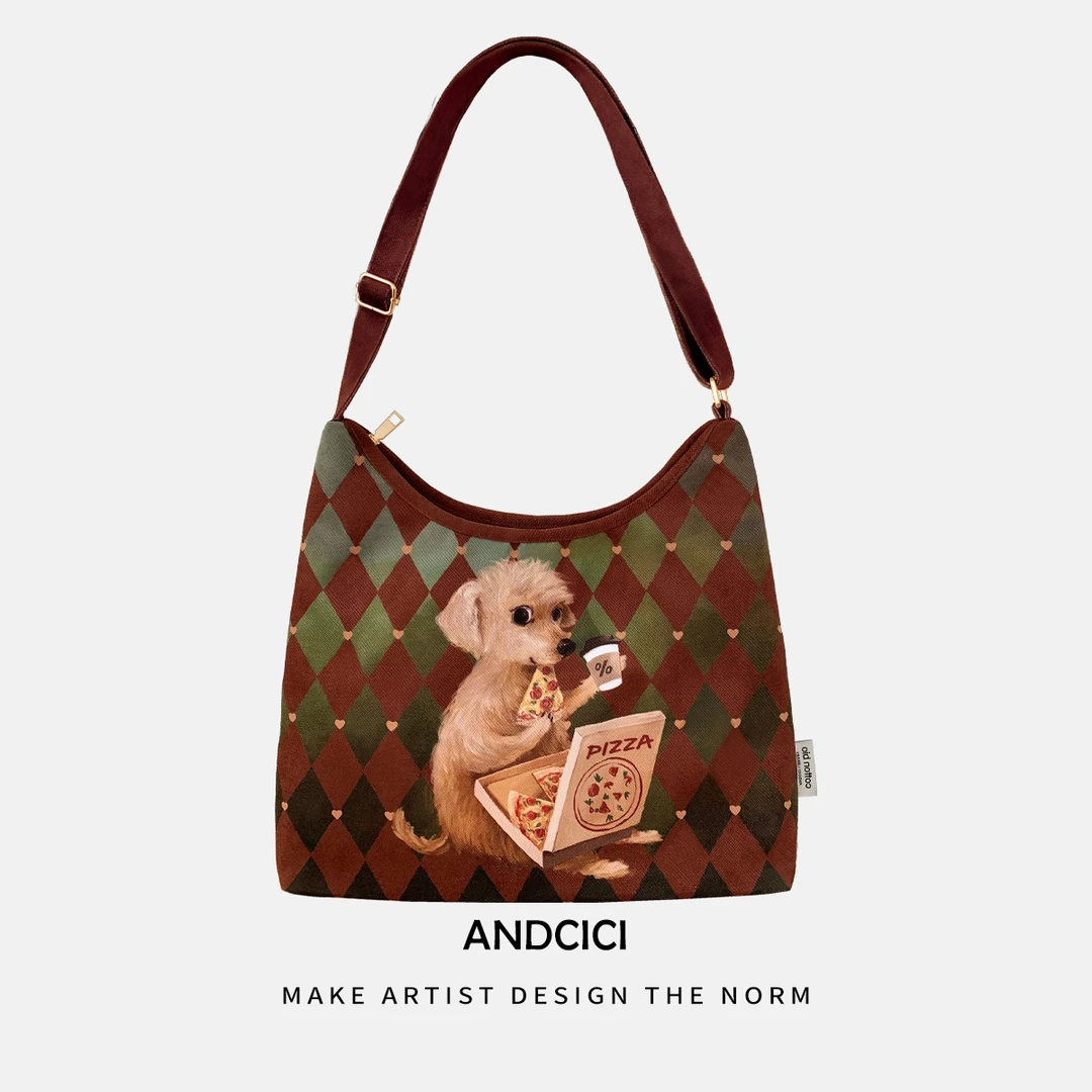 设计师新款 偷吃比萨的小狗 拉链款斜挎包单肩包手提包通勤书包