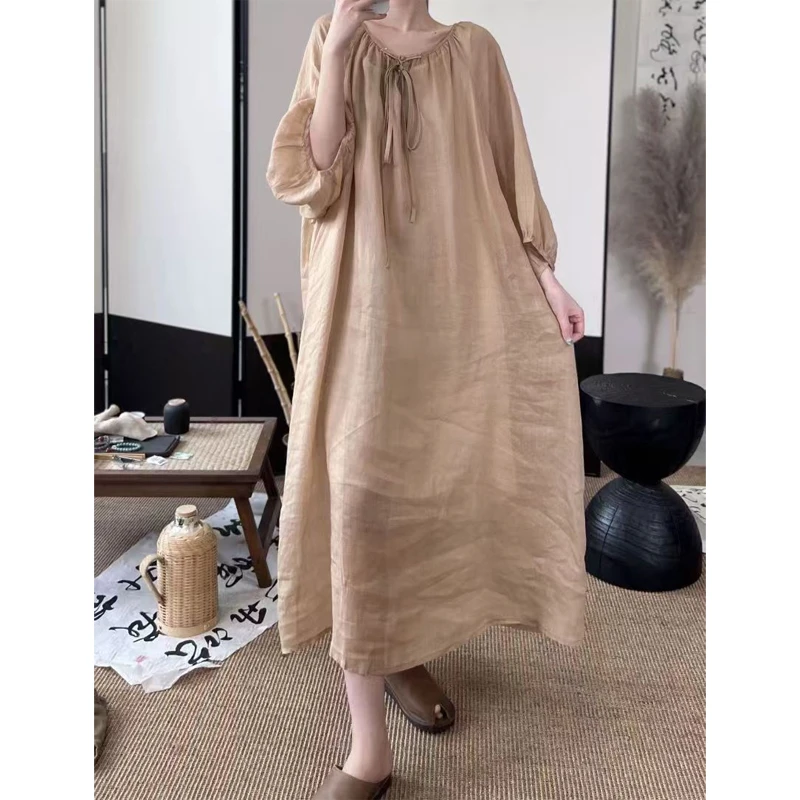 高端七分袖连衣裙女士夏季2025时尚新款洋气休闲宽松显瘦中长裙子