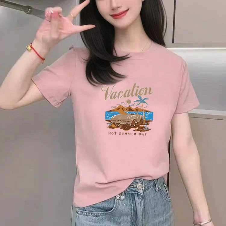 2025新款圆领印花正肩短袖t恤女修身显瘦韩版百搭半袖上衣