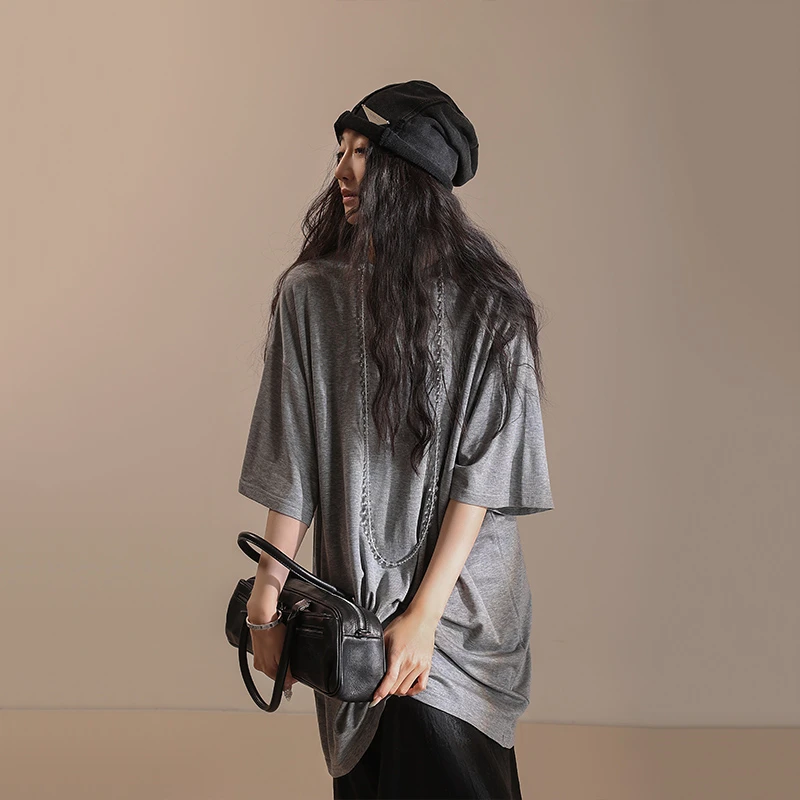 春夏大版宽松圆领中长款短袖T恤女五分袖休闲宽松上衣大码MD5135