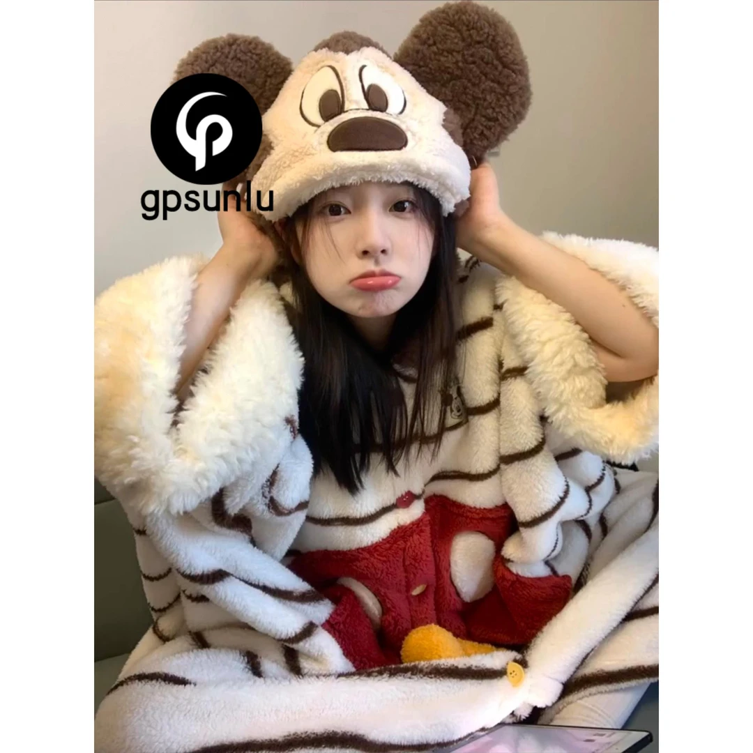 gpsunlu卡通连帽睡袍女秋冬珊瑚绒加厚加绒斗篷睡衣女家居服套装