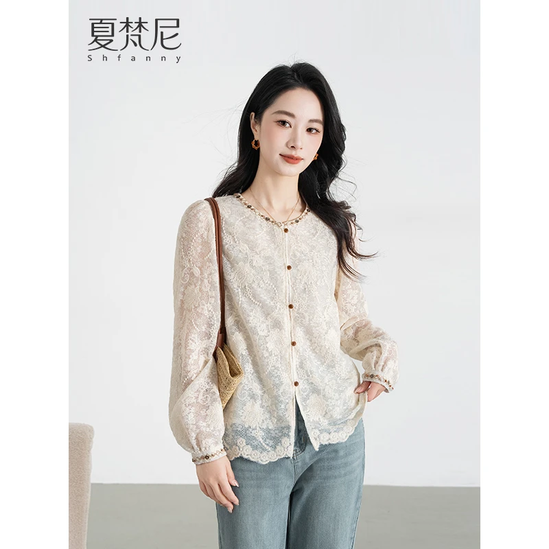 夏梵尼茉香风浅秋季重工刺绣衬衫女长袖蕾丝气质衬衣百搭宽松上衣