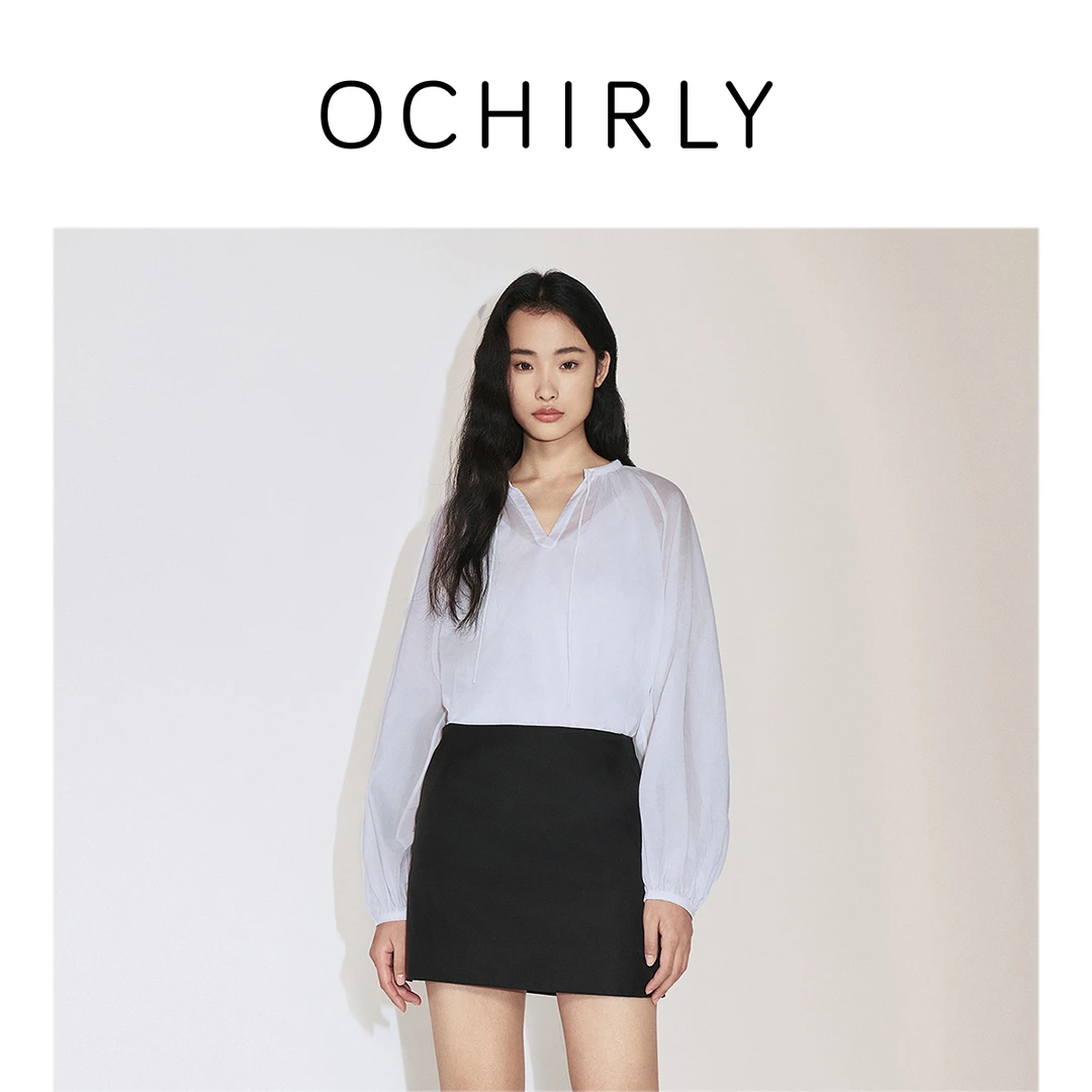 ochirly欧时力 100%新疆长绒棉套头衬衫女法式气质秋季新品